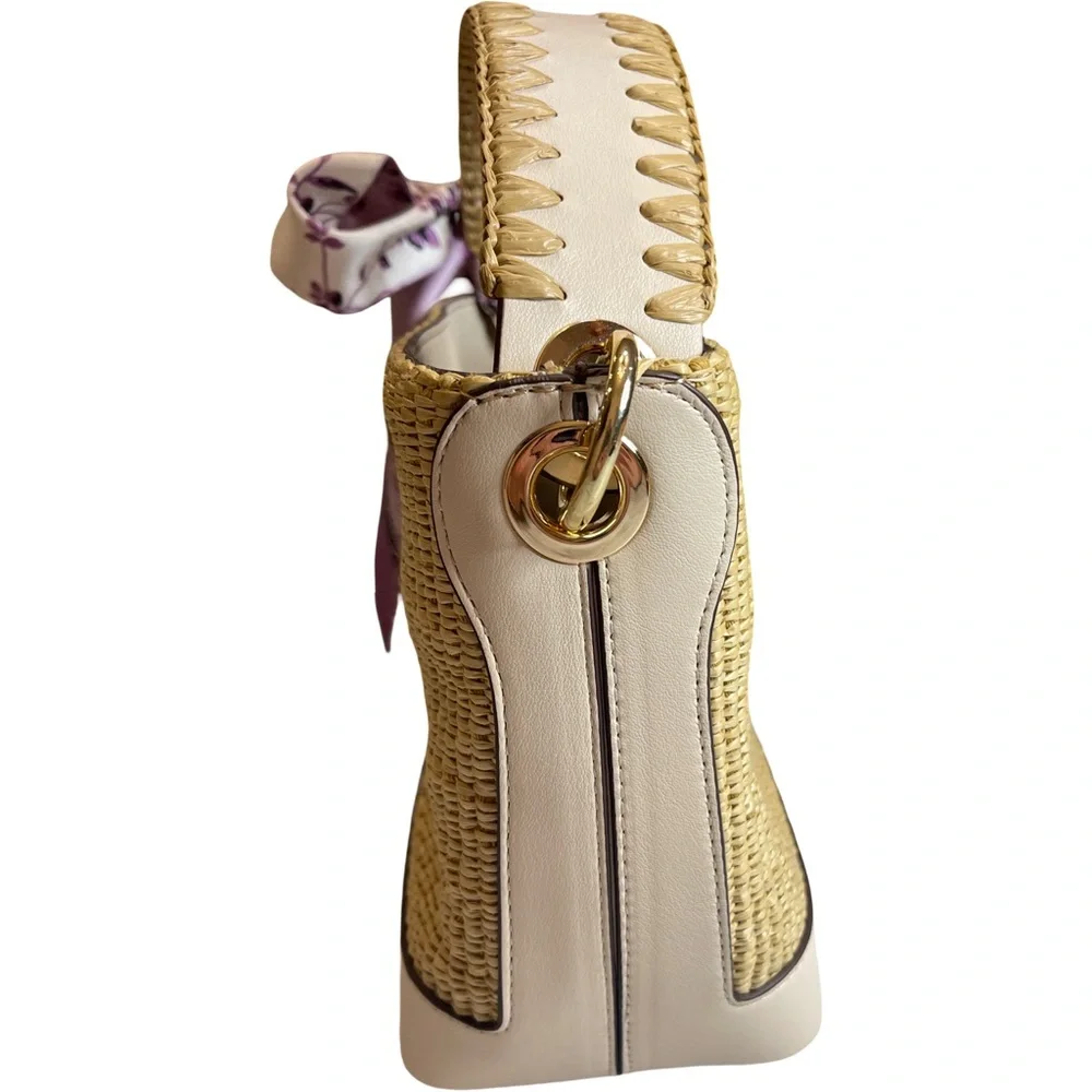 Elegant Straw Crossbody Tote with Floral Scarf Accent and matching coin purse.